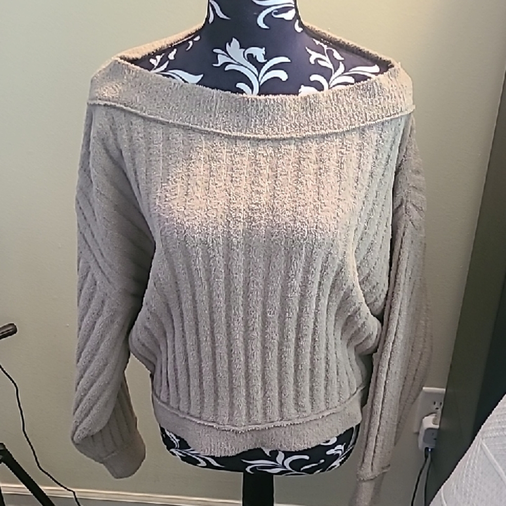 Free People Bone Colored Off-the-Shoulder Sweater with Ribbed Knit